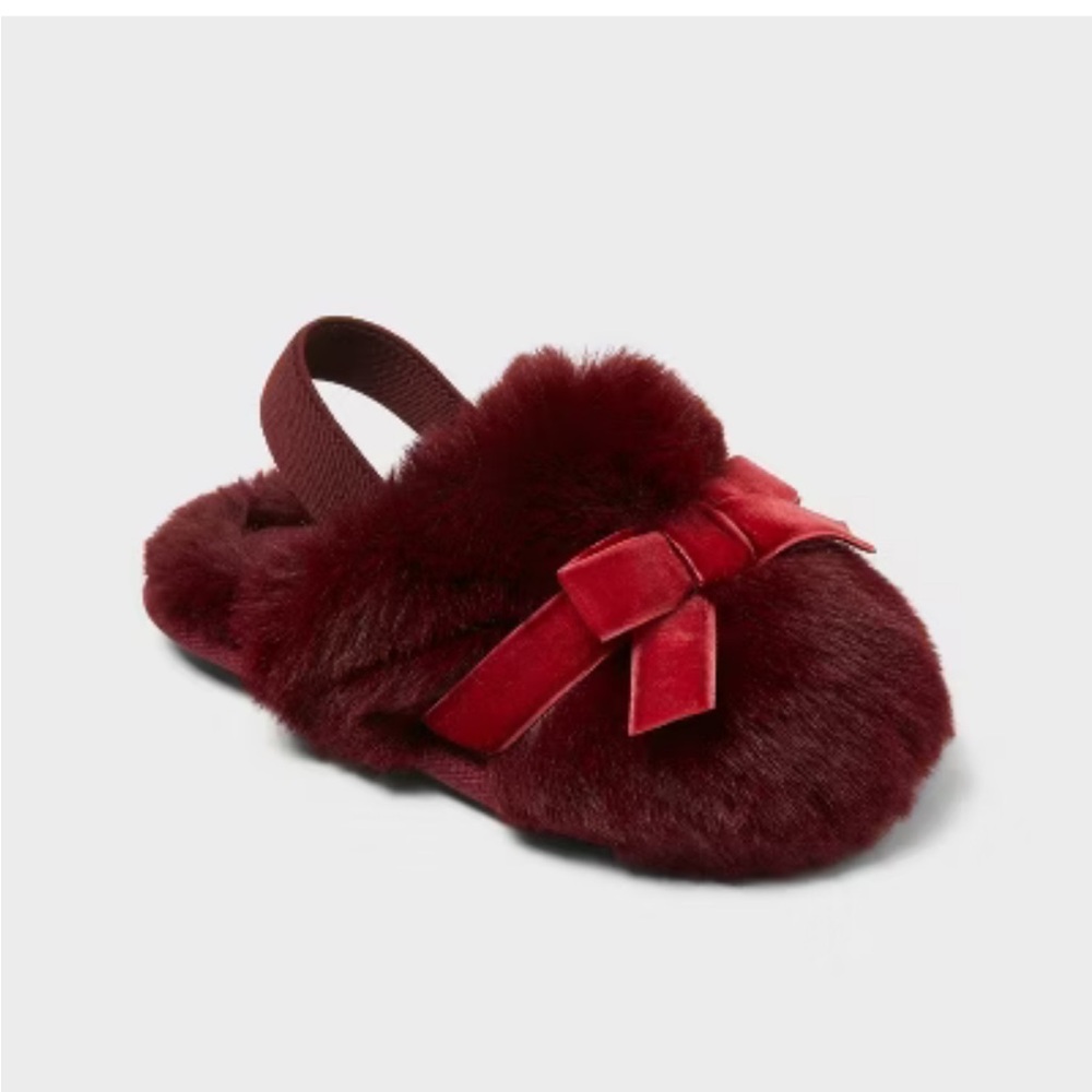 Cat & Jack Girl’s Slippers Adler Plush Scuff w/Velvet Bows Deep Wine Size L 9/10